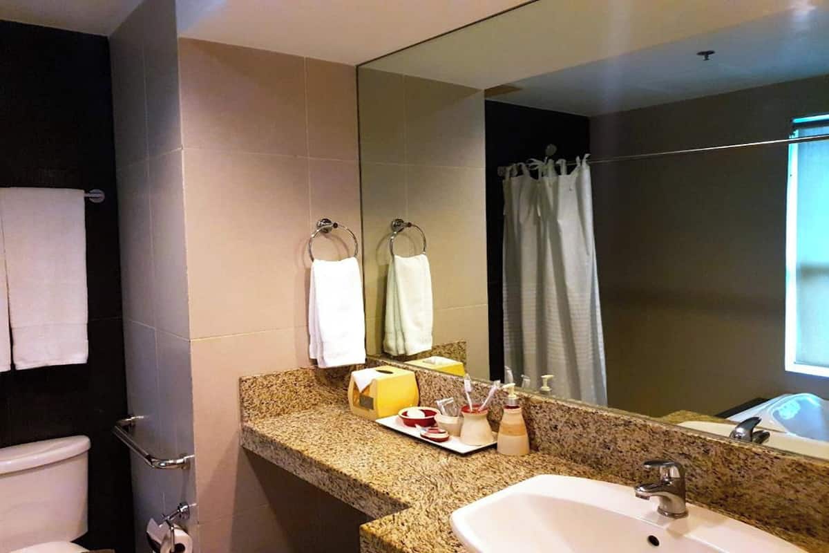 Baño con lavamanos, espejo, toallero y cortina de ducha.