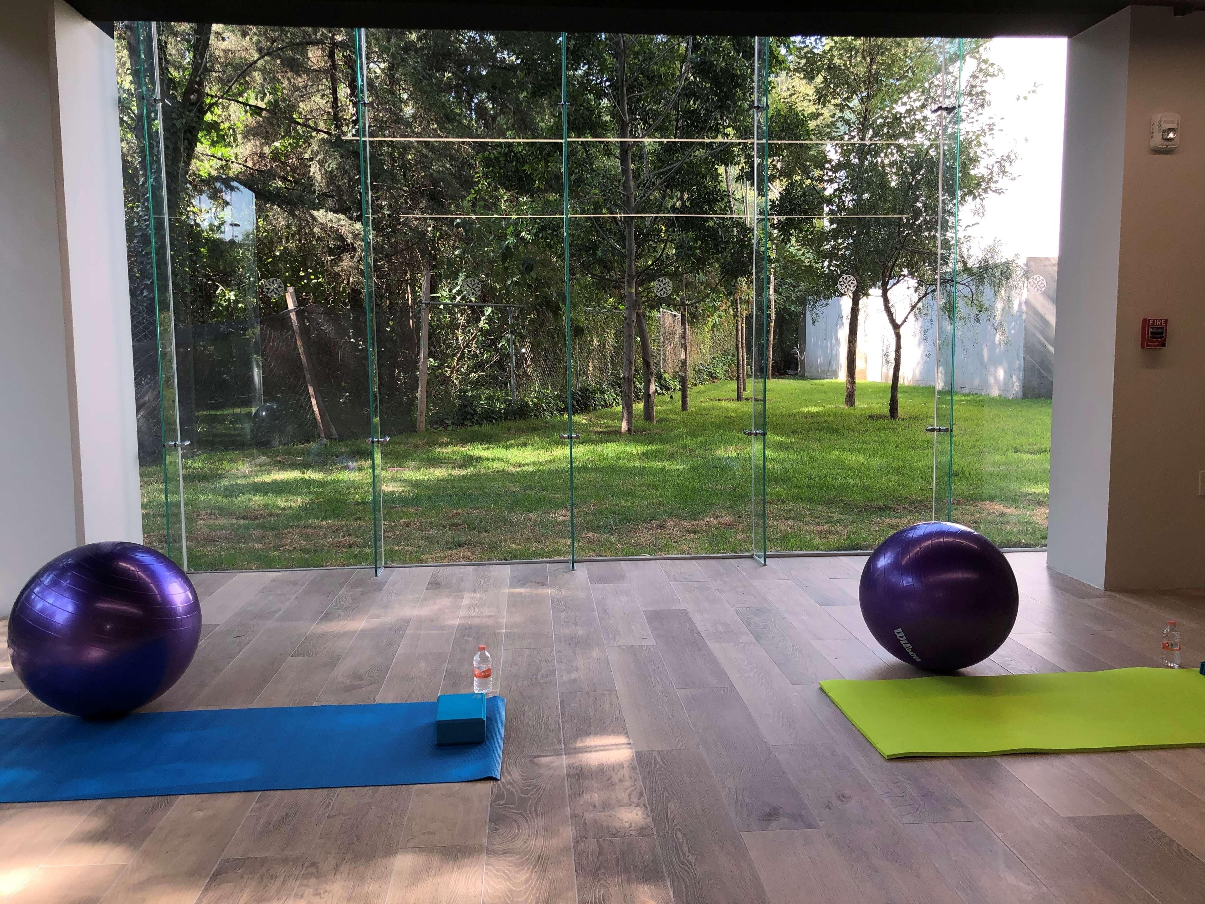 Una habitación con un amplio ventanal, suelo de madera, dos pelotas de ejercicio y colchonetas de yoga.