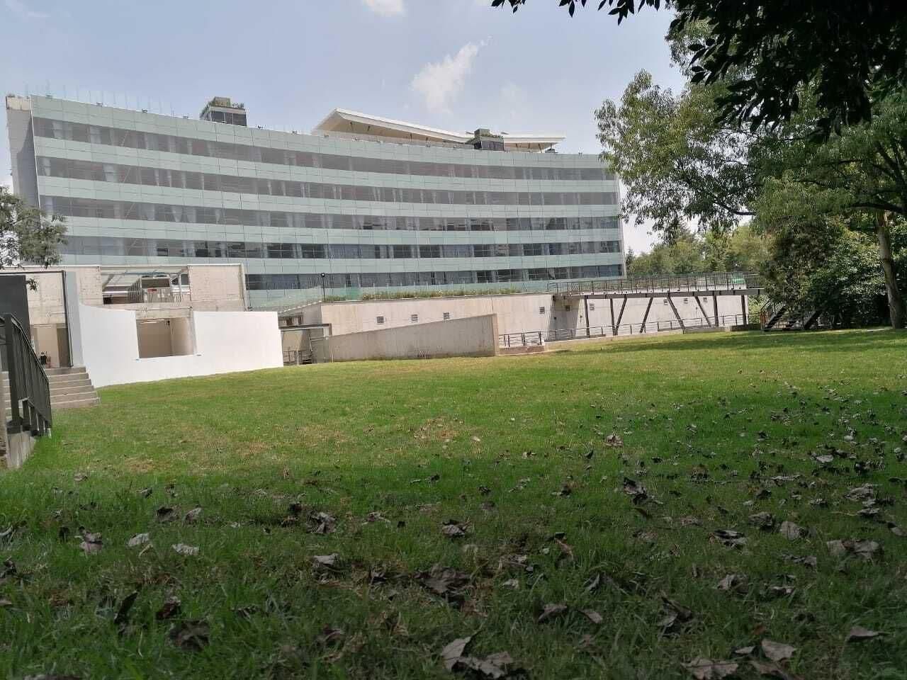 A modern building with a glass facade, a grassy area in front, and a pedestrian bridge in the background.