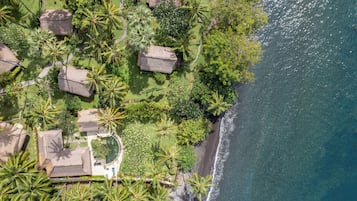An aerial view of a coastal resort with thatched-roof cottages, palm trees, and a clear view of the ocean.