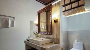 A bathroom with a large mirror, a sink, a toilet, and a shower area. - Alam Anda Ocean Front Resort & Spa (Tejakula)