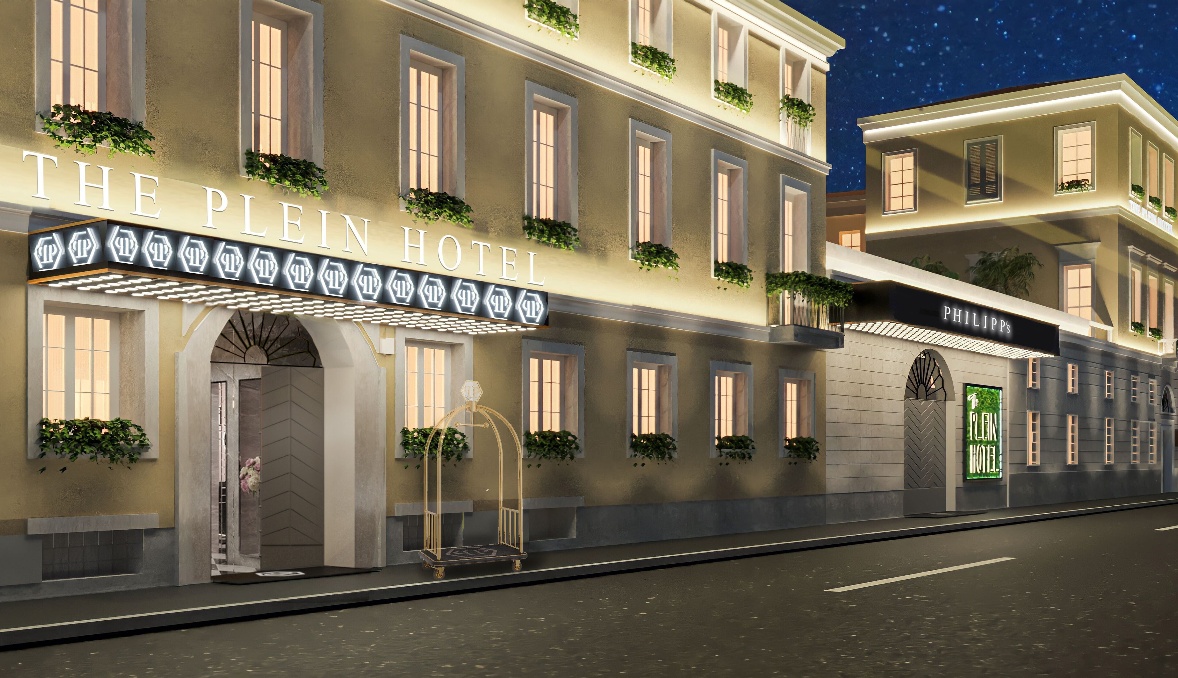 Die Fassade des Plein Hotels mit zahlreichen Fenstern, einem markanten Eingang und einem Schild darüber.