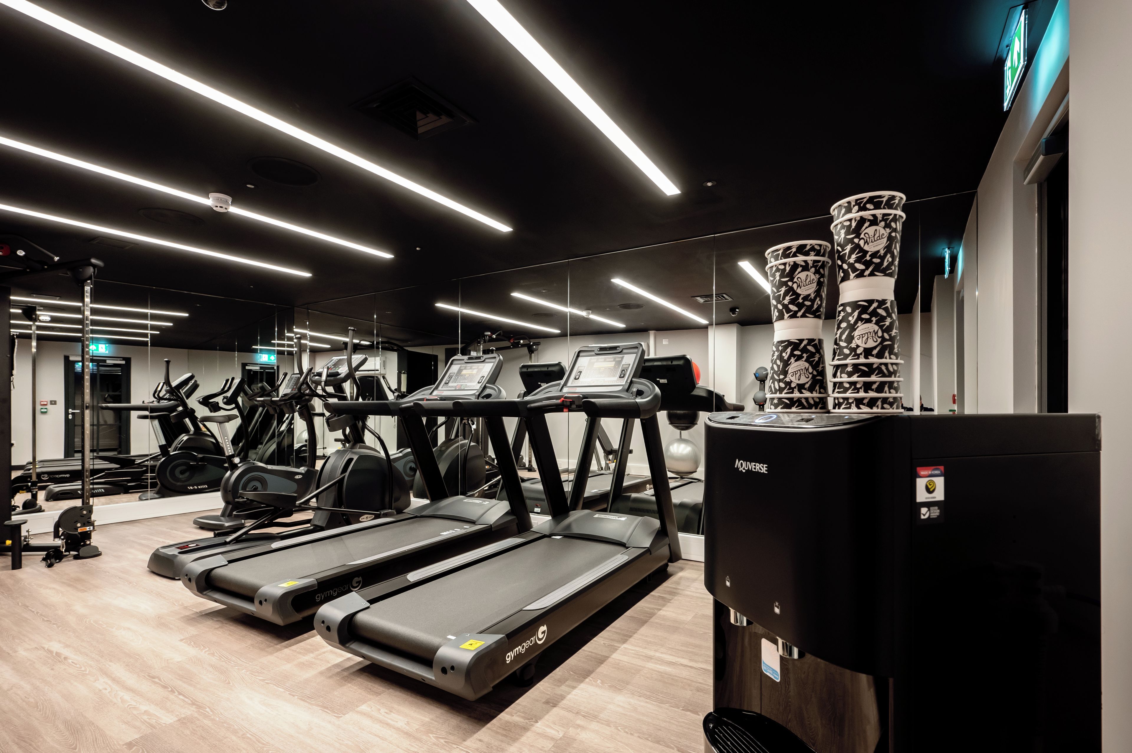 A modern gym with treadmills, ellipticals, and a stationary bike.