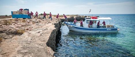 A boat docked at a rocky shore with people unloading cargo.