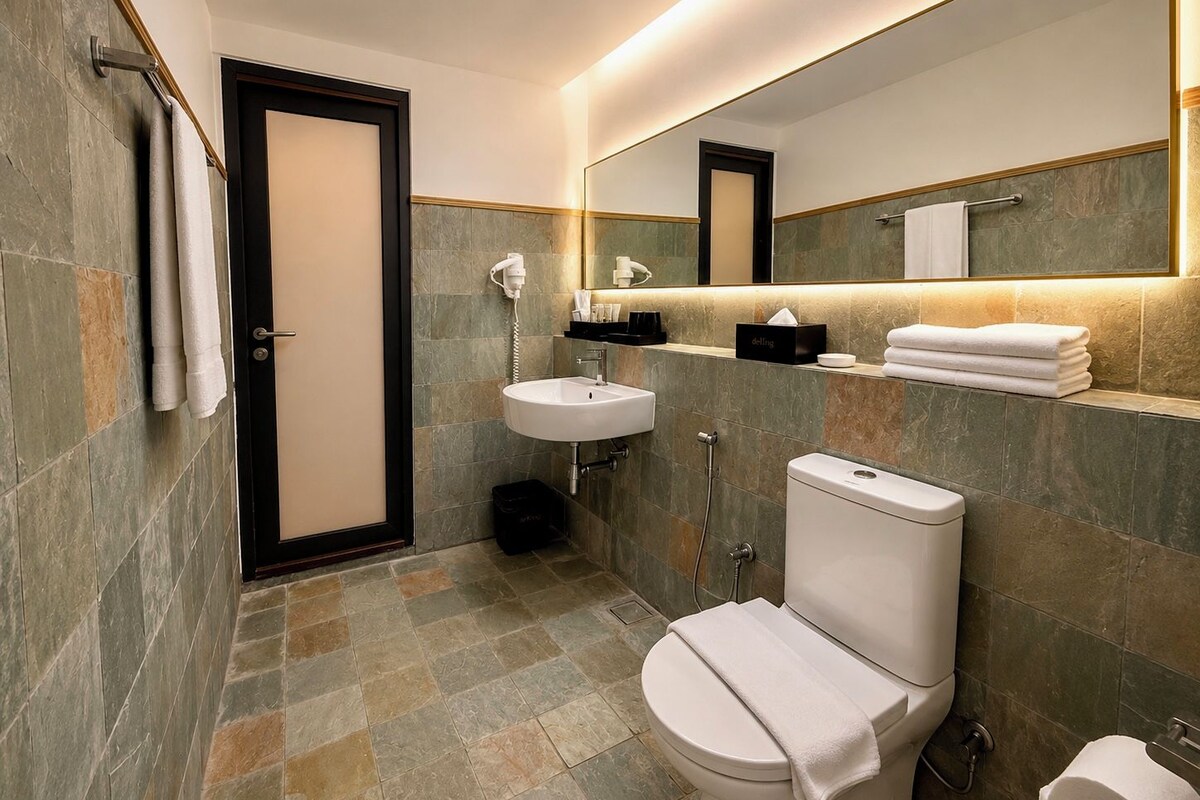 Une salle de bain avec des toilettes, un lavabo et un miroir.