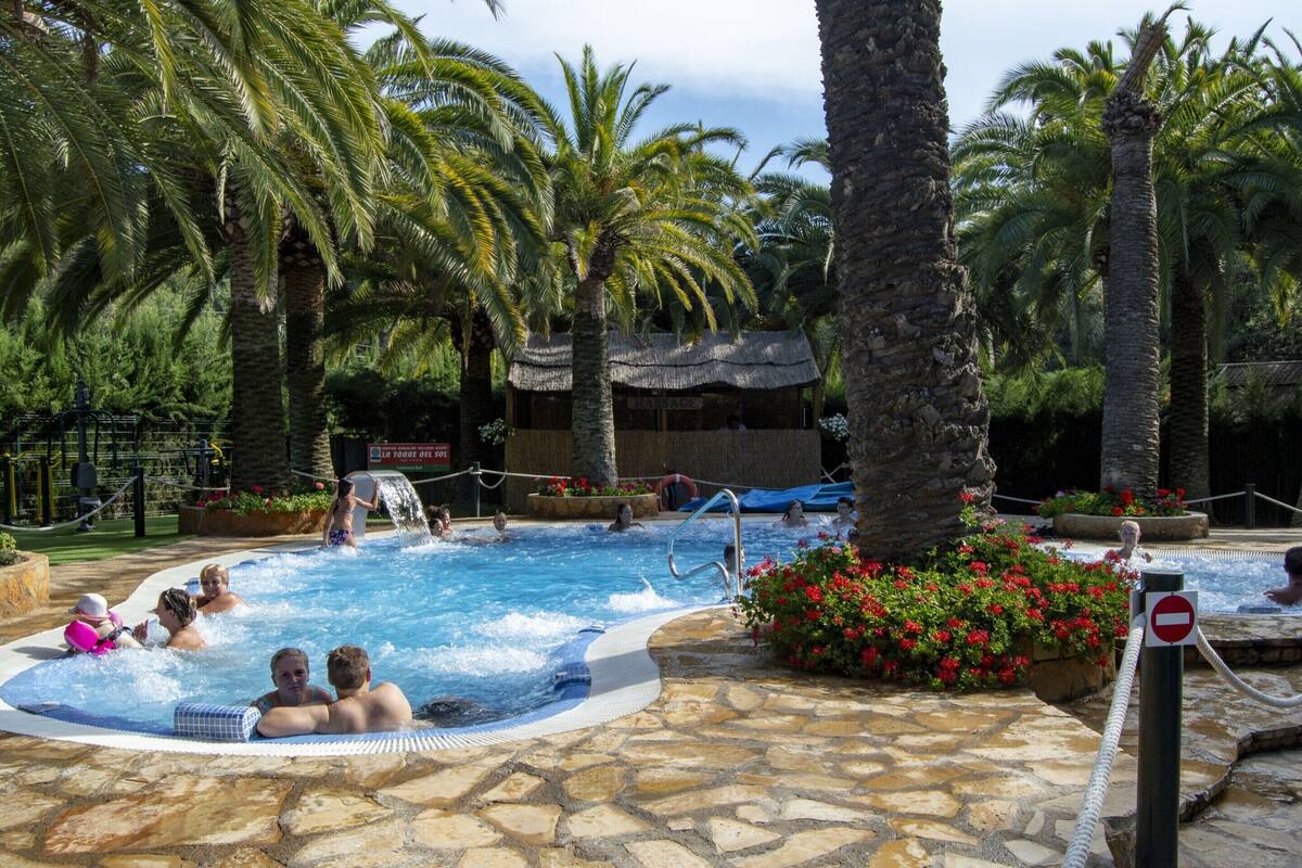A hot tub area with people relaxing, surrounded by palm trees and a stone-tiled pool.
