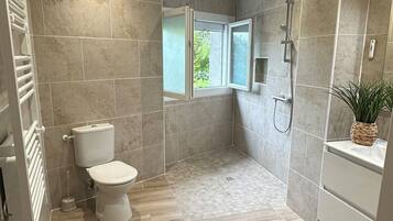 Hair dryer, towels, soap, toilet paper