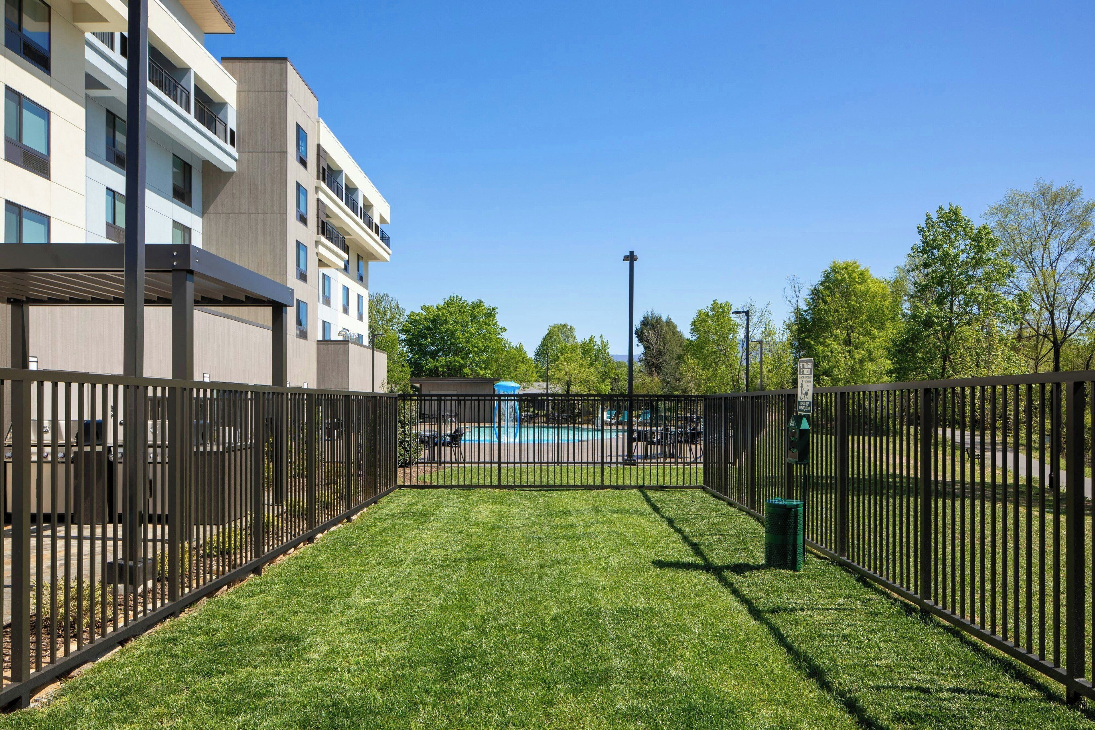A fenced outdoor area with a pool, a building with balconies, and a clear sky.