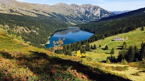A mountainous landscape with a lake, forested hills, and a small building. - Contemporary Swiss Escape (Gsteig)