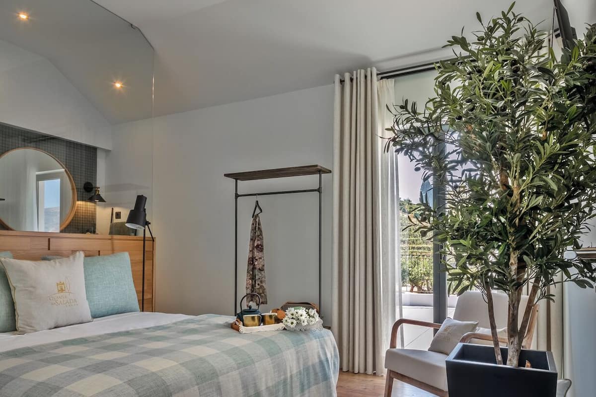 A bedroom with a bed, a bedside table, a mirror, a hanging rack, a potted plant, and a view of the outdoors.