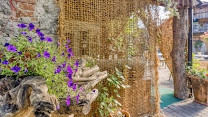 A rustic outdoor area with a wooden fence, a woven net, and purple flowers.