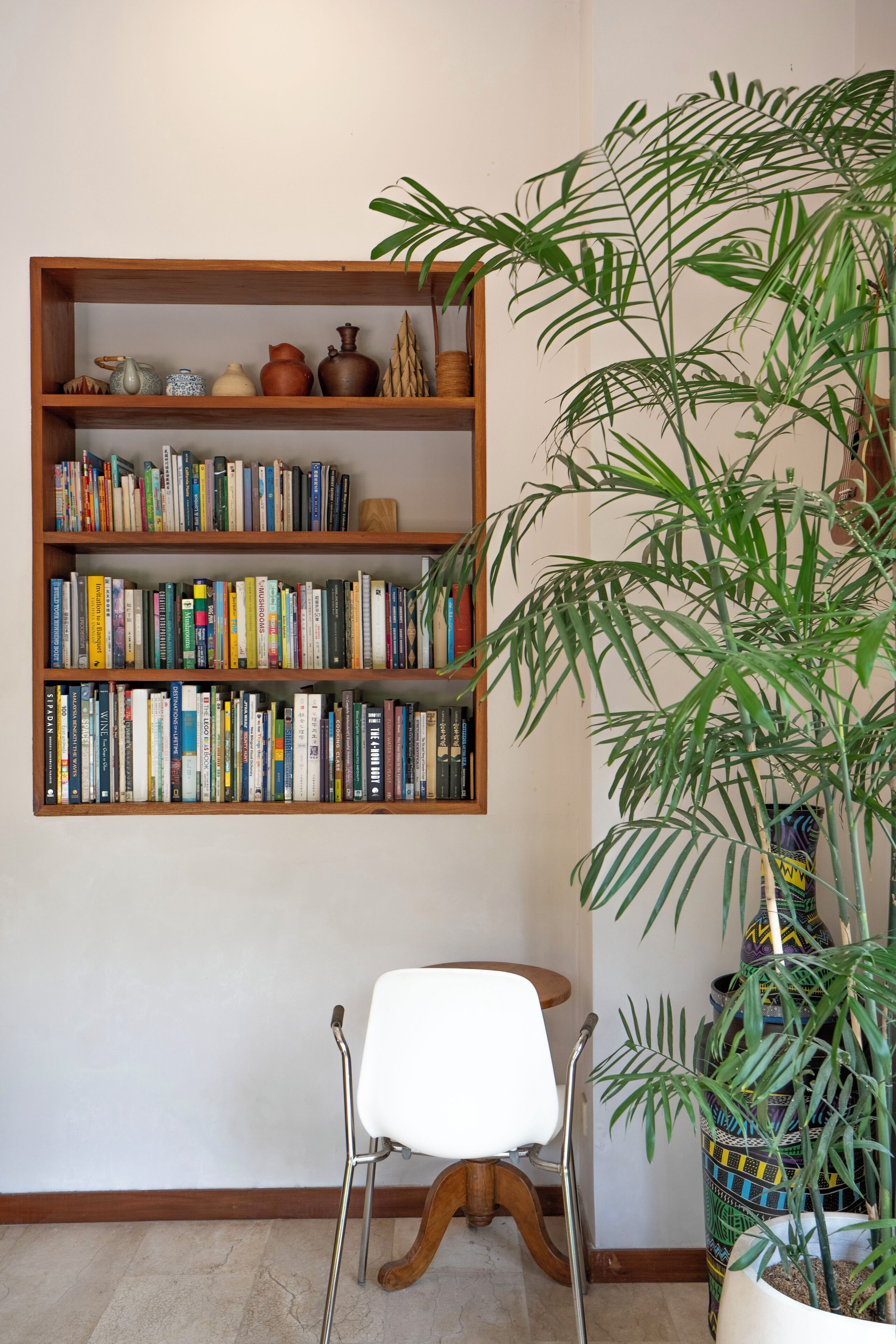 Une bibliothèque remplie de livres, une chaise blanche et une grande plante en pot.