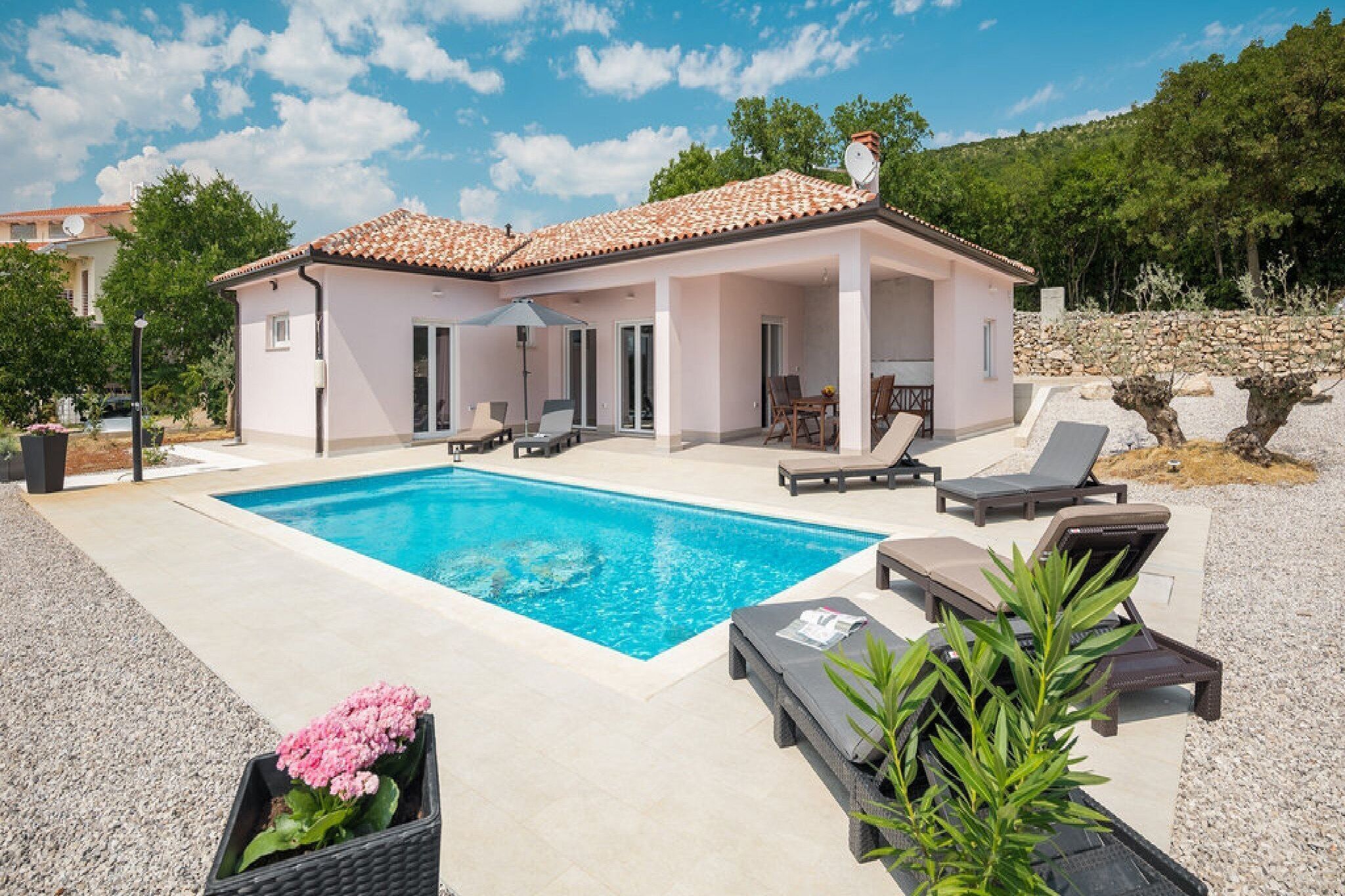 A house with a swimming pool, outdoor seating, and a garden.
