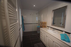 Shower, hair dryer, towels, soap