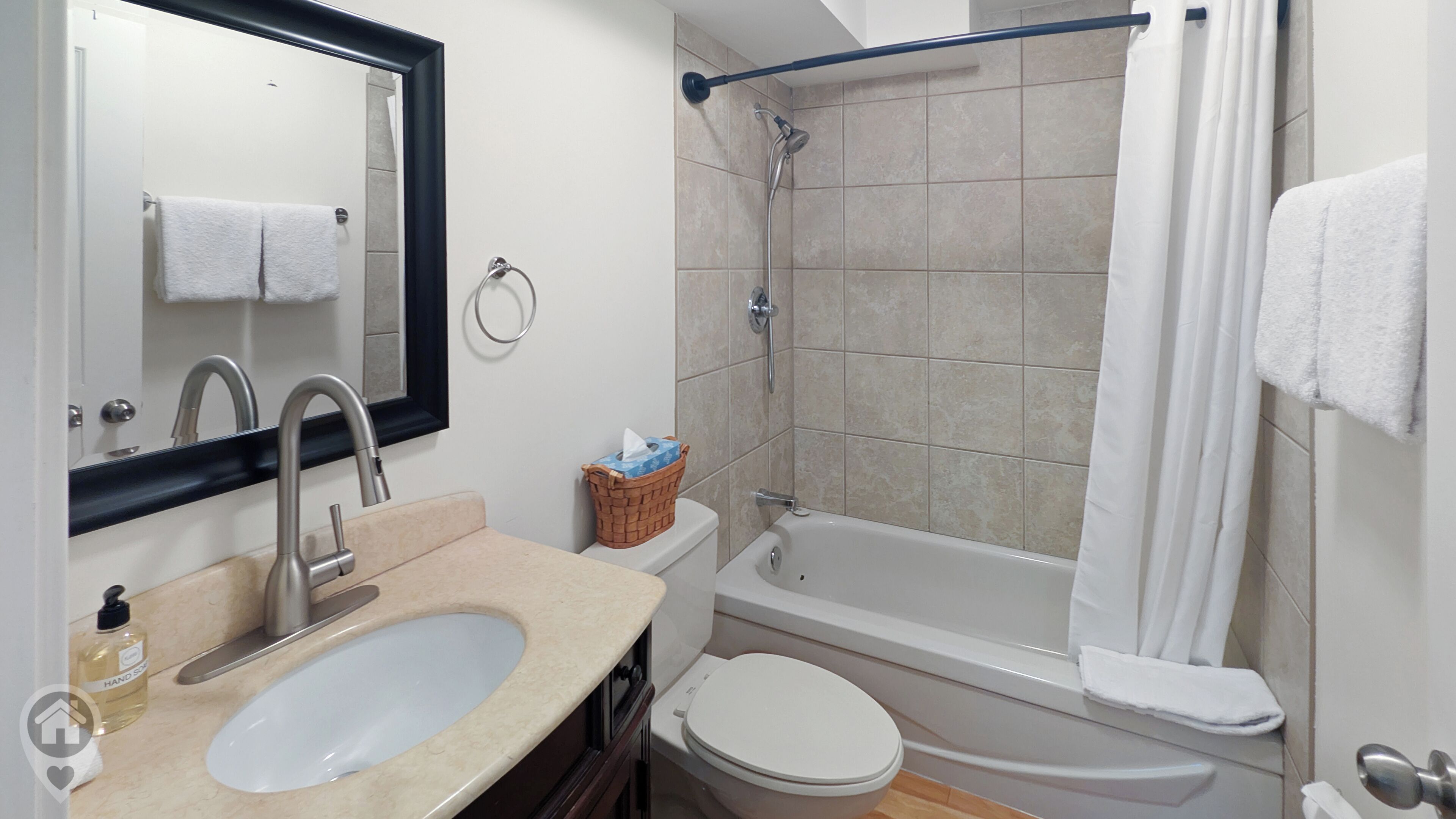 Hair dryer, towels, soap, shampoo