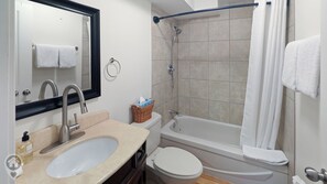 Hair dryer, towels, soap, shampoo