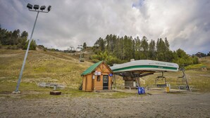 Eine kleine Holzhütte mit grüner Dachdeckung, einem überdachten Boot und einer Seilbahn im Hintergrund.