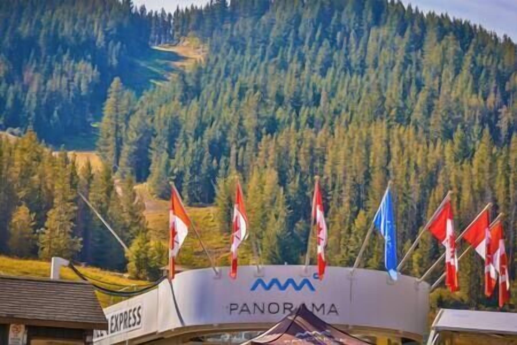 A hotel named "PANORAMA" with multiple flags in front.