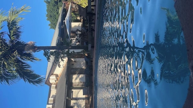 A pool with clear water and reflections, surrounded by buildings and palm trees. - Posada Del Jacarandá (Puerto Iguazú)