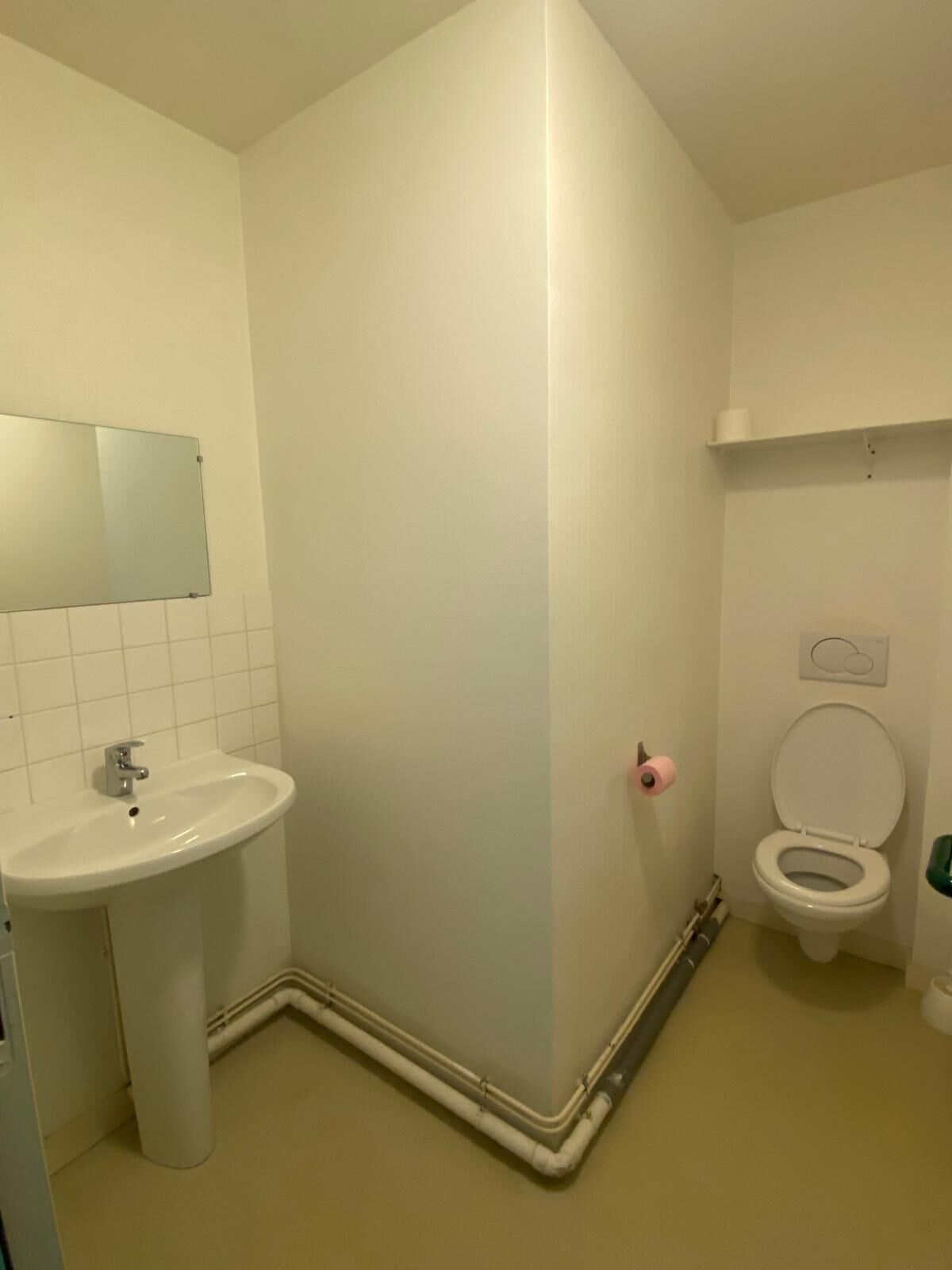 A small bathroom with a sink, toilet, and a mirror.
