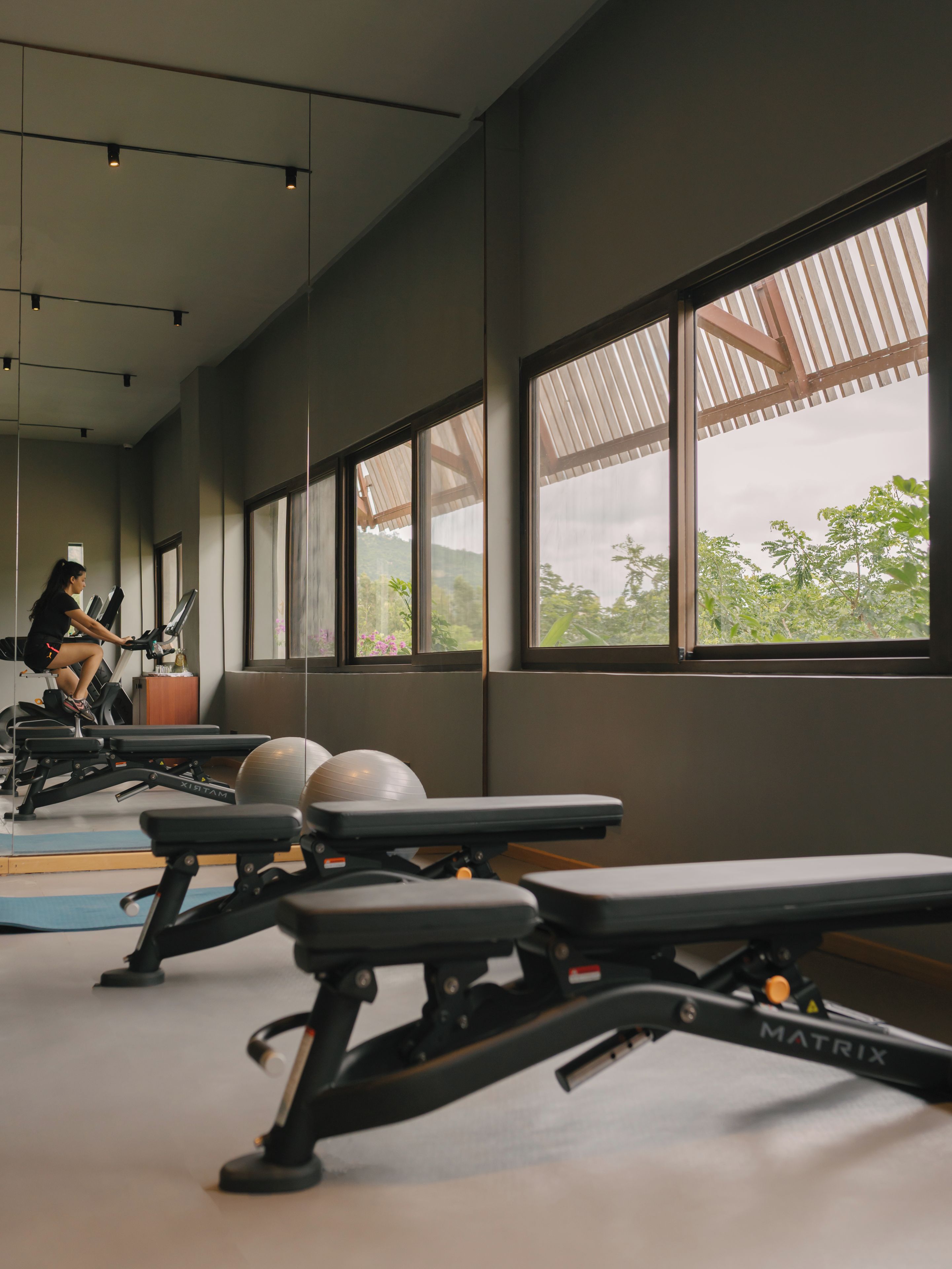 Un gimnasio con equipo de ejercicio, ventanas amplias y vistas a zonas verdes.