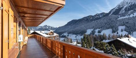 A wooden balcony with a view of snow-covered mountains and a clear sky.