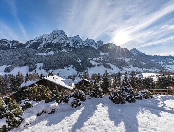 Paesaggio montuoso innevato con una baita di legno in primo piano, circondata da alberi sempreverdi.