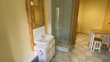 Shower, towels, toilet paper
