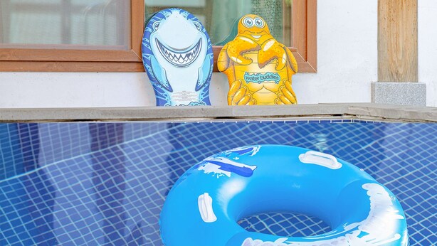 A pool with a blue inflatable ring and two decorative shark figures on the edge. - Gyeongju Adamwon Hanok Dokchae Pension (Gyeongju)