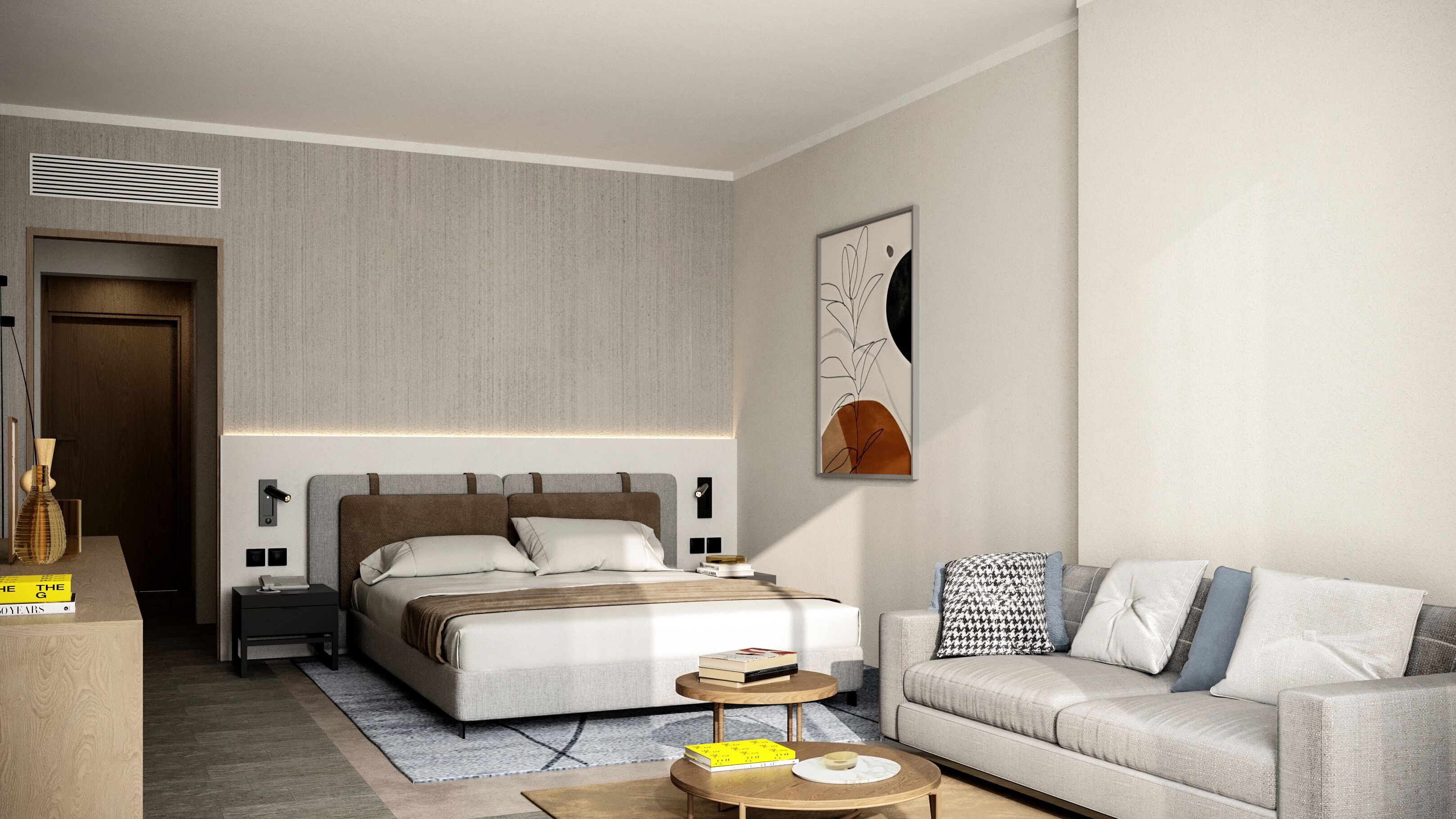A modern bedroom with a large bed, bedside tables, a sofa, and a coffee table.