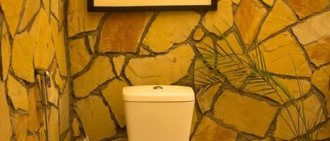 Une salle de bain avec un mur en pierre, un portrait encadré, des toilettes et une plante en pot.