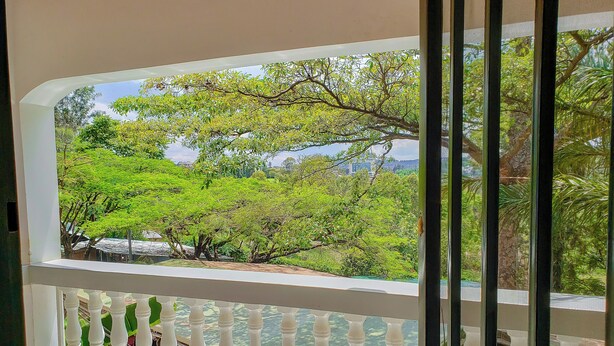 Un balcon doté d’une balustrade blanche, qui offre une vue sur un paysage verdoyant et luxuriant, avec des arbres et un ciel dégagé.