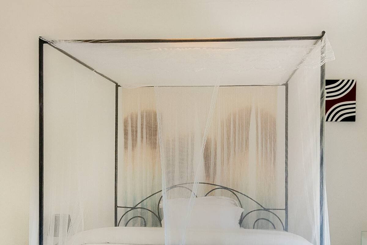 A four-poster bed with a mosquito net, a hanging light fixture, and a striped rug.