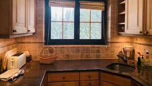 Une cuisine avec un mur de crédence en pierre, des armoires en bois, une fenêtre donnant sur les arbres, un grille-pain et un évier.