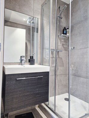 Shower, hair dryer, towels, soap