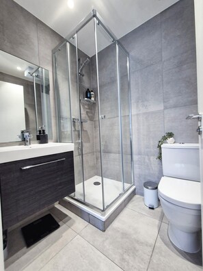 Dusche, Haartrockner, Handtücher, Seife
