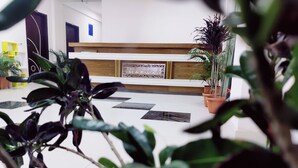 A reception area with a wooden reception desk, a patterned wall, and potted plants. - The Marwah Kuakata (Kalapara)