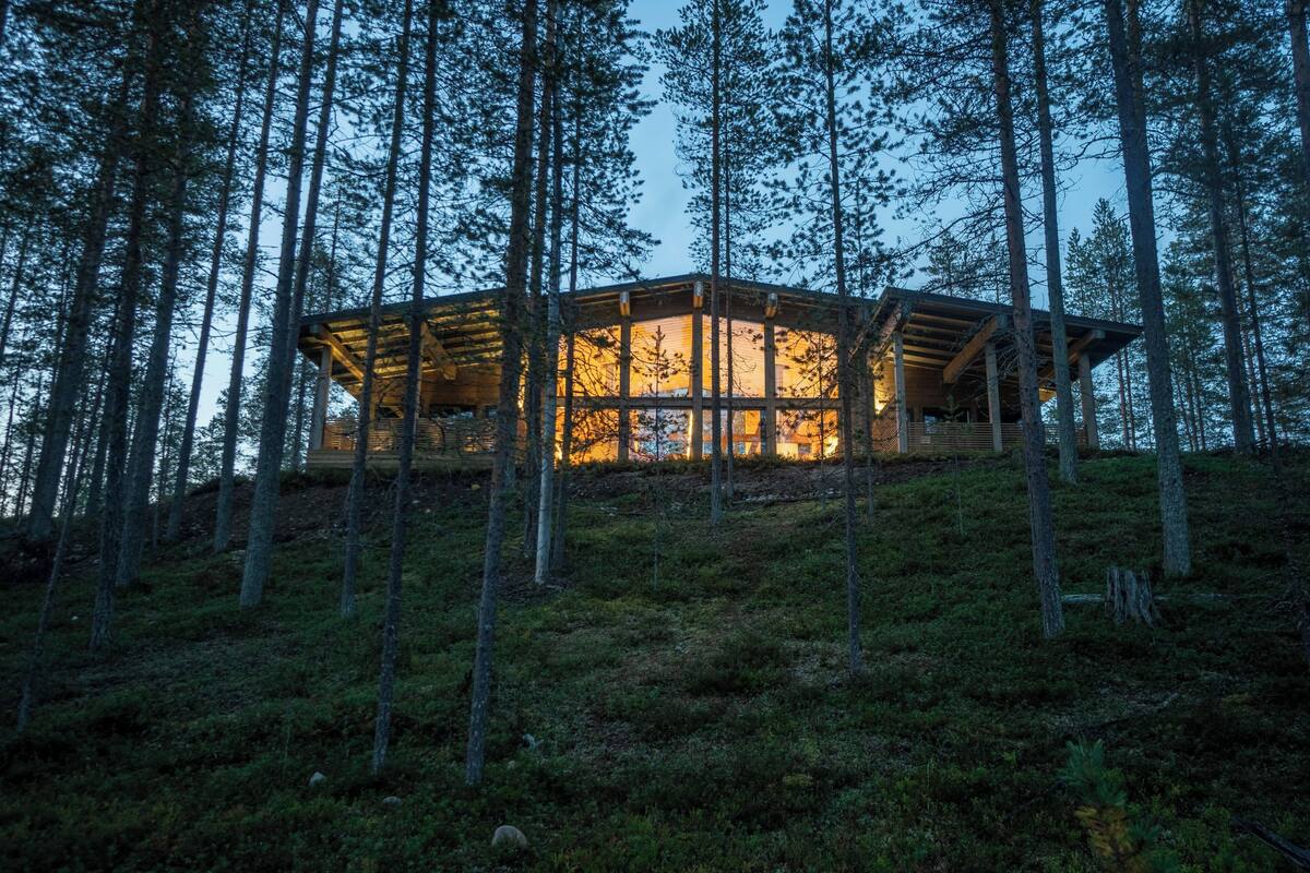 Uma cabana moderna numa área arborizada com fachada de madeira e paredes de vidro, rodeada por árvores altas.