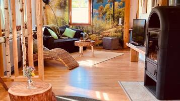 Smart-TV, Kamin, Bücher, Musikbibliothek