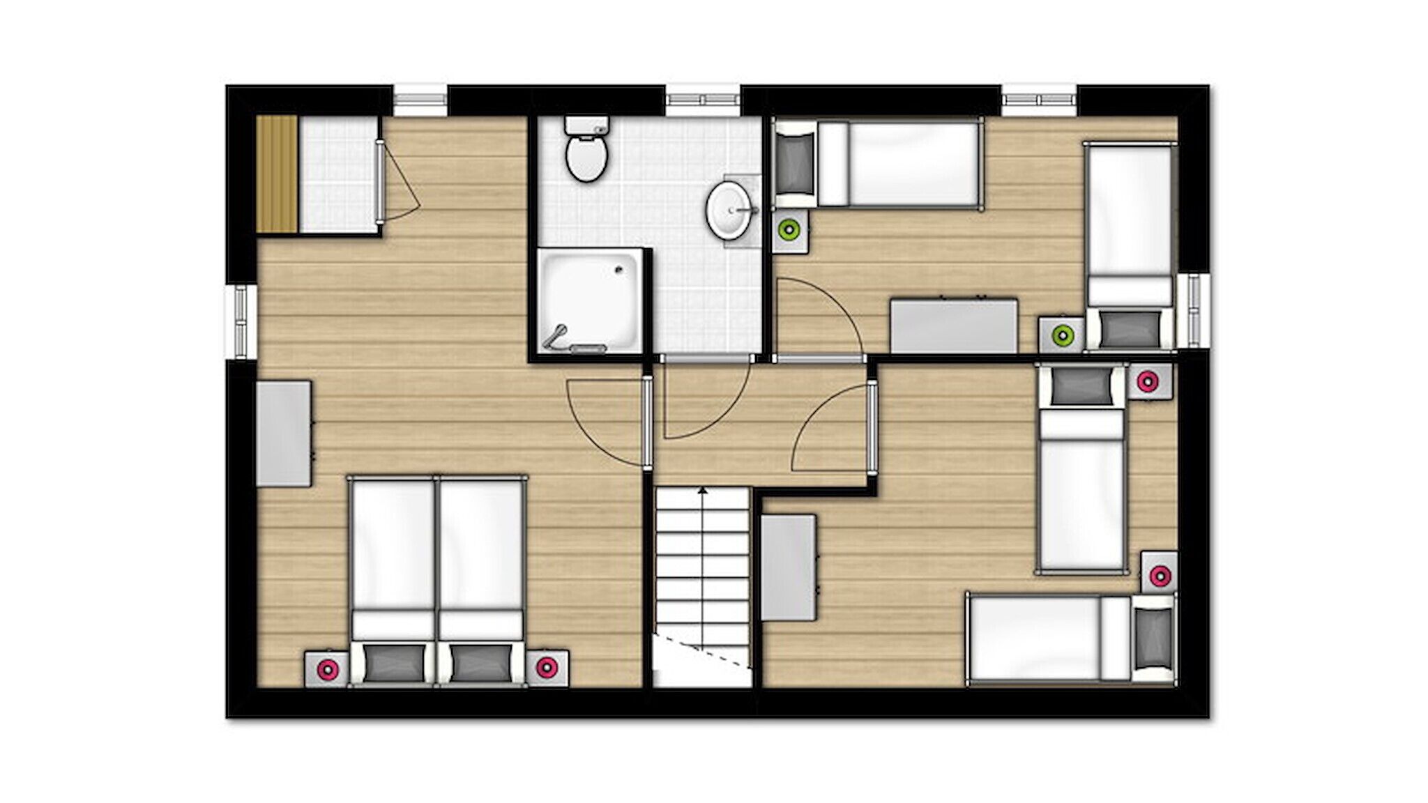 Een plattegrond van een hotelkamer met een badkamer, kitchenette en een zithoek.