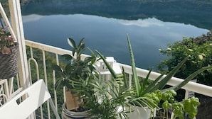 A balcony with potted plants overlooking a calm lake and distant hills. - House with a view of Lake Nemi  (Genzano di Roma)