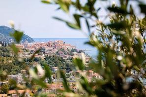 Une ville côtière avec des bâtiments construits sur une colline, une vue dégagée sur la mer et quelques espaces verts au premier plan.