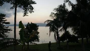 Una vista tranquila de un lago, con palmeras y una cadena montañosa distante.