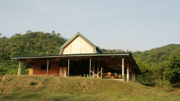 A wooden cabin with a sloped roof, situated on a grassy hill with dense forest in the background.