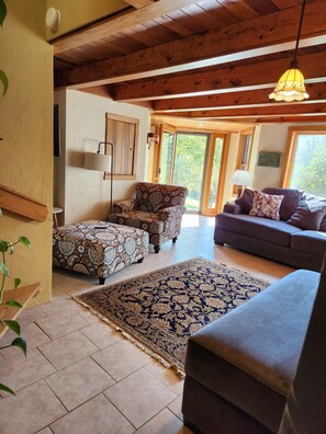 Smart TV, fireplace, books