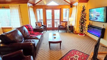 Smart TV, fireplace, books