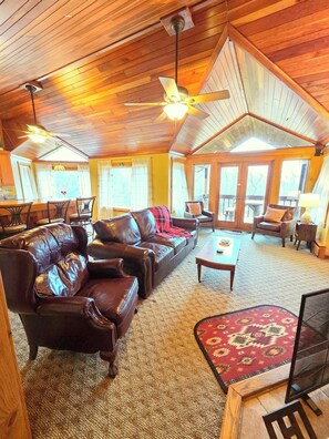 Smart TV, fireplace, books