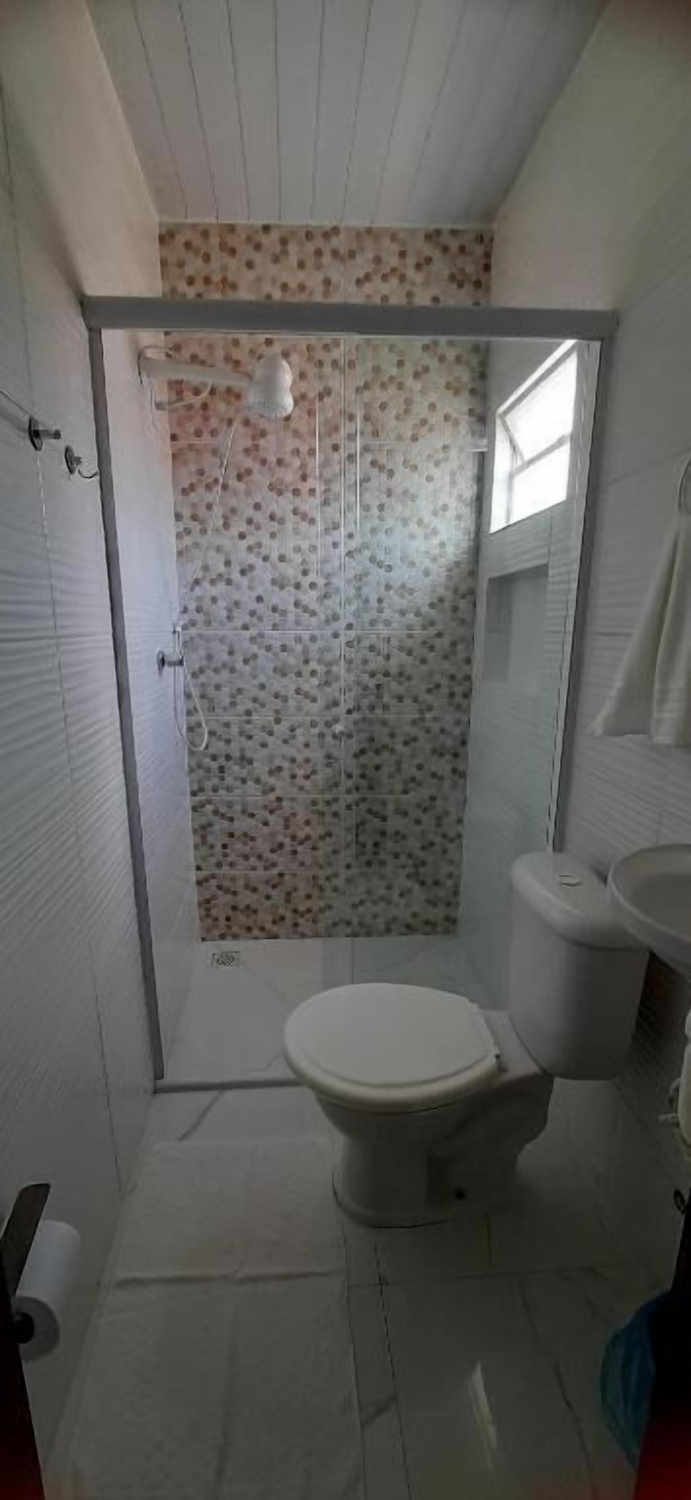 Une salle de bain avec une douche, des toilettes et un lavabo.
