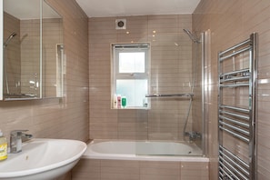 Hair dryer, towels, soap, shampoo
