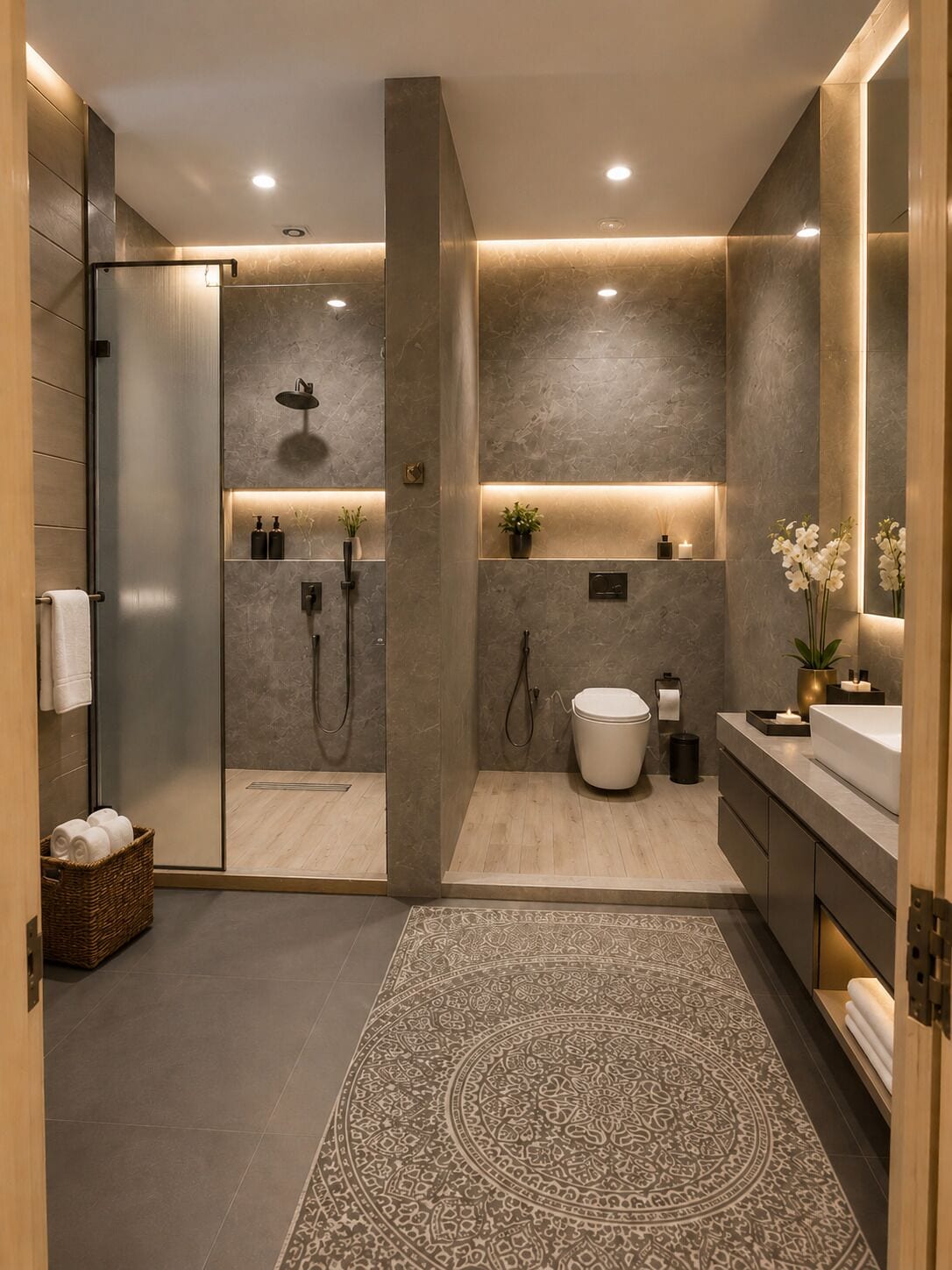 Family Suites | Badkamer | Een douche, een regendouche, gratis toiletartikelen, een haardroger